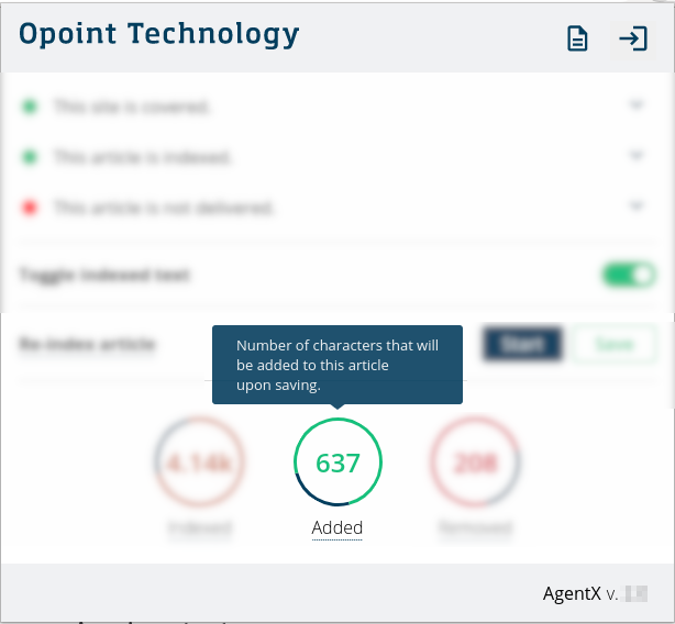 Pop-up for “Added” circle says: “Number of characters that will be added to this article upon saving.