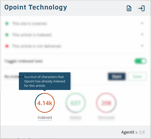 Pop-up for “Indexed” circle says: “Number of characters that Opoint has already indexed for this article.