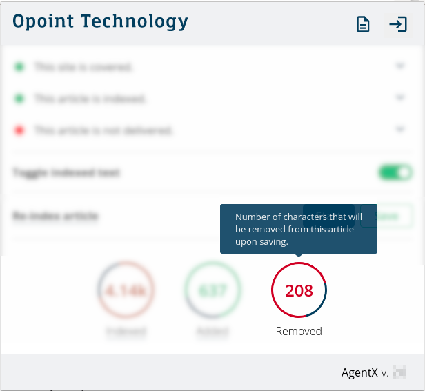 Pop-up for “Removed” circle says: “Number of characters that will be removed from this article upon saving.