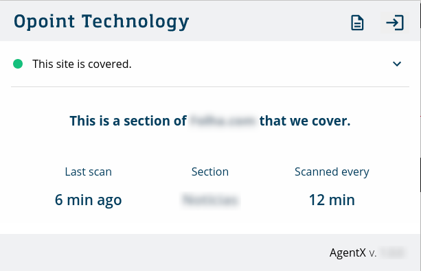 Section information displays: “This is a section of \[website name blurred\] that we cover. Last scan 6 minutes ago; Section \[section name blurred\]; Scanned every 12 minutes”