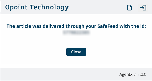 Confirmation message says “The article was delivered through your SafeFeed with the id: \[id blurred\]